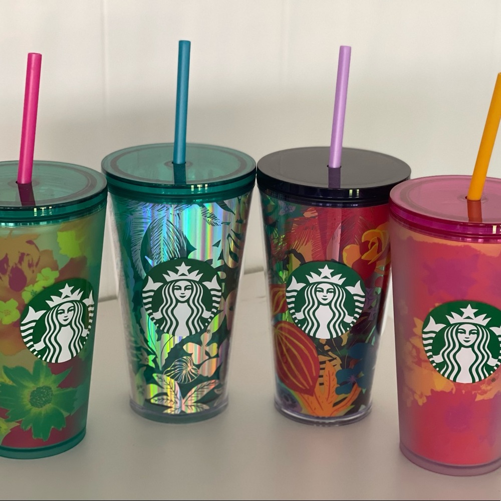 SALE‼️NEW💙💖Set of 4 Starbucks Summer 2022 Grande Floral Acrylics Tumblers - Picture 2 of 5